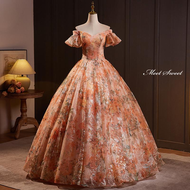 カラードレス プリンセスライン ロングドレス オレンジ 花柄 オフショルダー ウェディングドレス 結婚式 二次会 花嫁 前撮り 演奏会 発表会 ステージ衣装