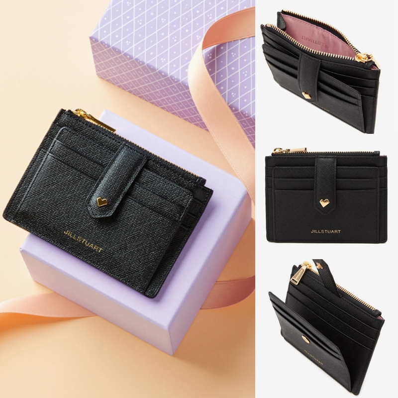 ブラックプチハートロゴデコレーショントップジッパーカード財布/牛革/コンパクトサイズ/ JAHO2E870BK