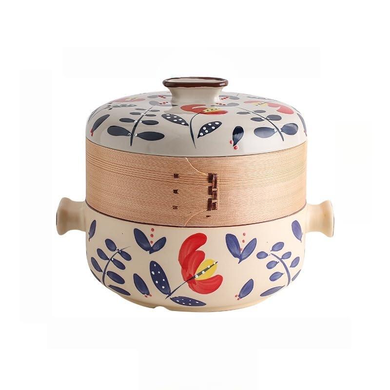 日式 蒸し鍋 土鍋 セラミック製 蒸し器付き マルチ層 竹製蒸し スープ鍋 煮込み鍋 蒸し料理兼用 大小サイズ 家庭用 ホテル用 多用途調理鍋 和風デザイン 耐熱陶器 鍋料理 蒸し物 炊き込み料理対