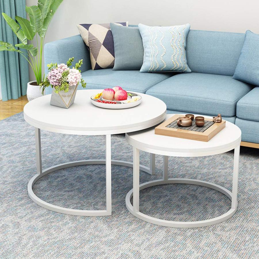 円形 ネストテーブル と メタルベース モダン リビングルーム コーヒー 終わり カウチテーブル 2個セット 70x45cm + 50x38cm