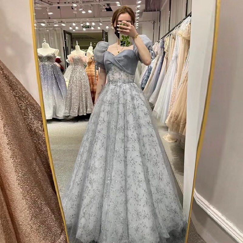 ブルーワンショルダーイブニングドレス2025夏乾杯服成人式誕生日卒業シーズン公演服