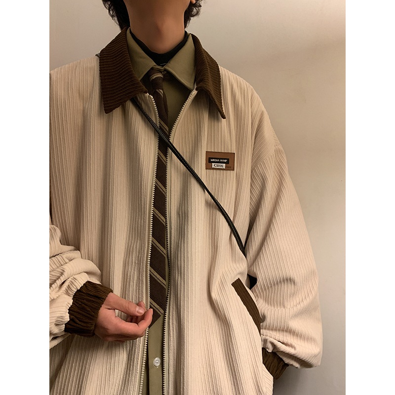 アメリカンレトロジャケットメンズ秋ニッチデザインセンスカラーブロッキング潮ハイストリート服ルーズカジュアルカップルジャケット