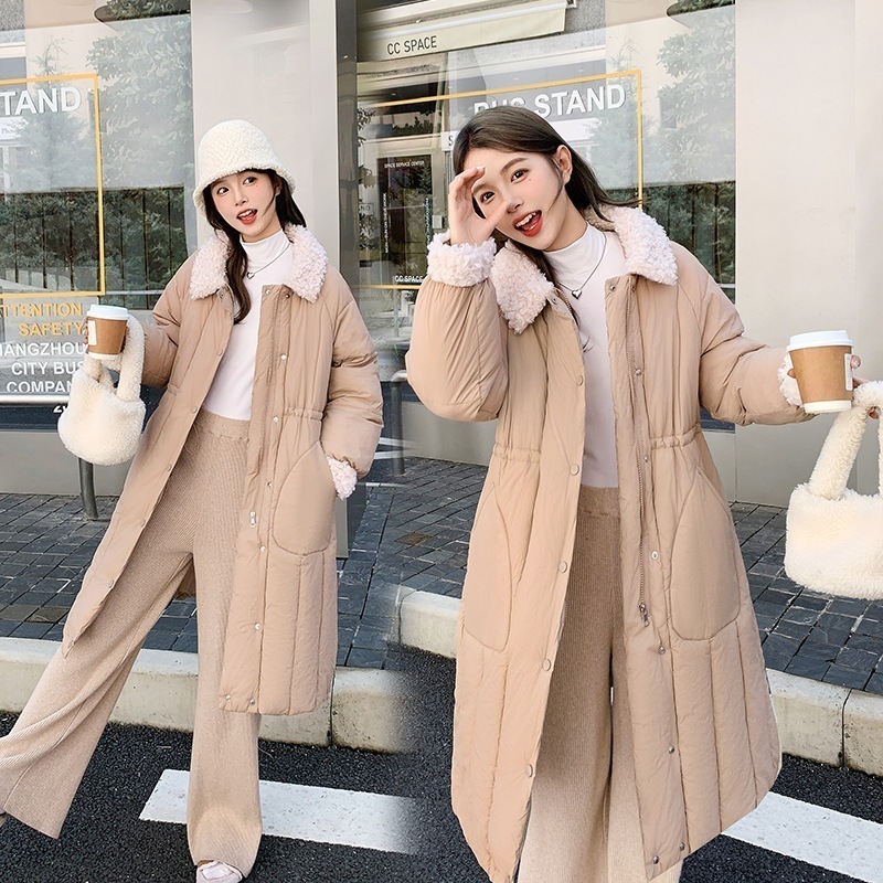 2025新型子羊毛襟は腰女性長いタイプ羽毛綿服韓国版純色単列ボタンゆったりしているコートを収めます