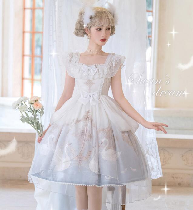 ワンピース ロリータ ドレス ゴシック&ロリータ服 ゴスロリ ロリータドレス お姫様 フリル プリンセス ドレス ストラップ ジャンパースカート 膝丈 レース チュール リボン 白鳥 可愛い キュート