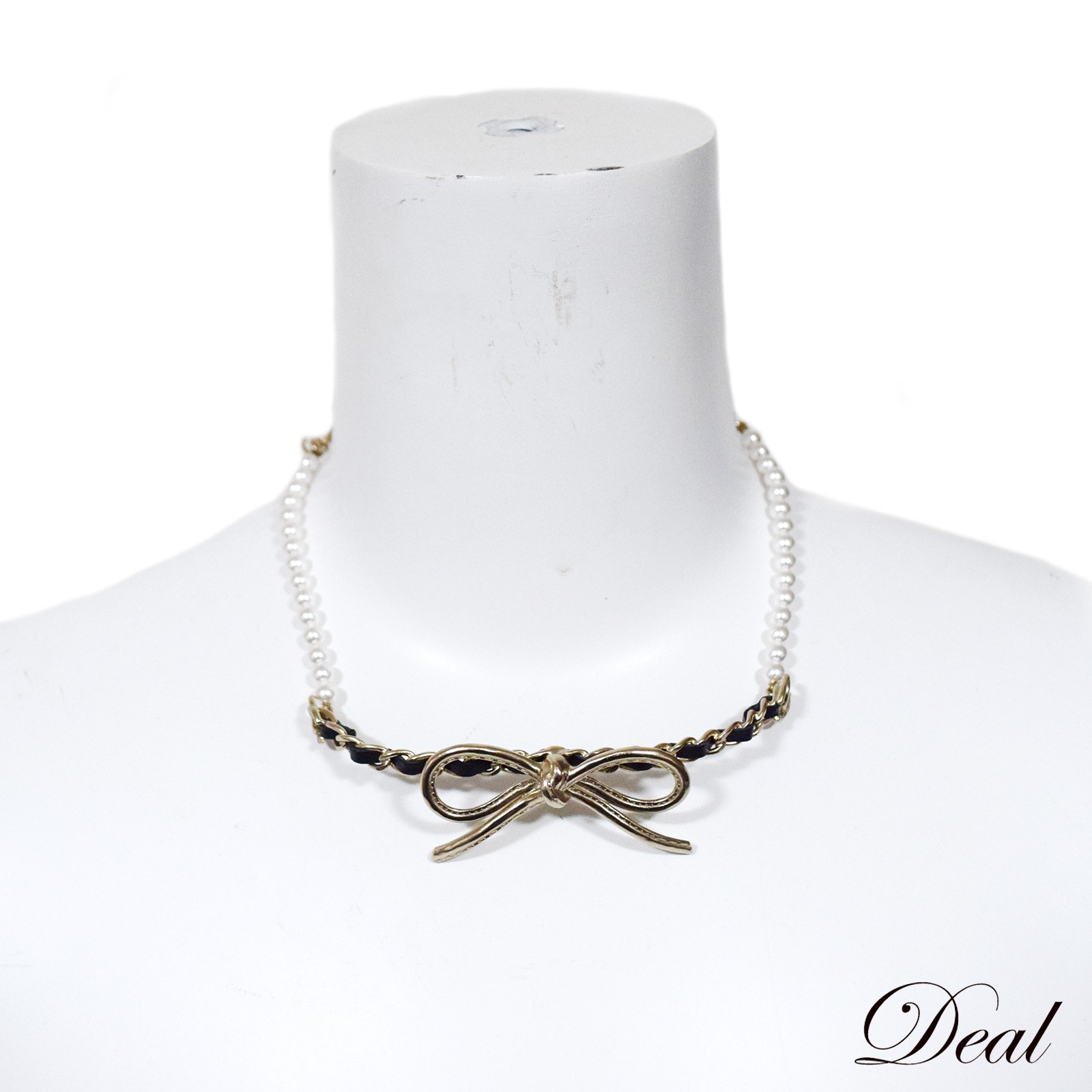 SALE　美品 シャネル リボン フェイクパール レザー チェーン シルバー レディース チョーカー