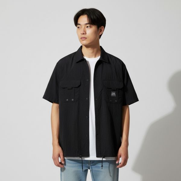 Two-Pocket Nylon Short-Sleeve Shirt Black