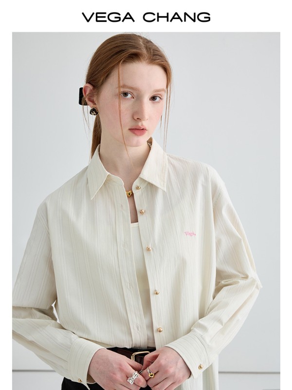 ストライプシャツ レディース 2025年秋冬新作 ゆったりシルエット スリム 刺繍 長袖シャツ