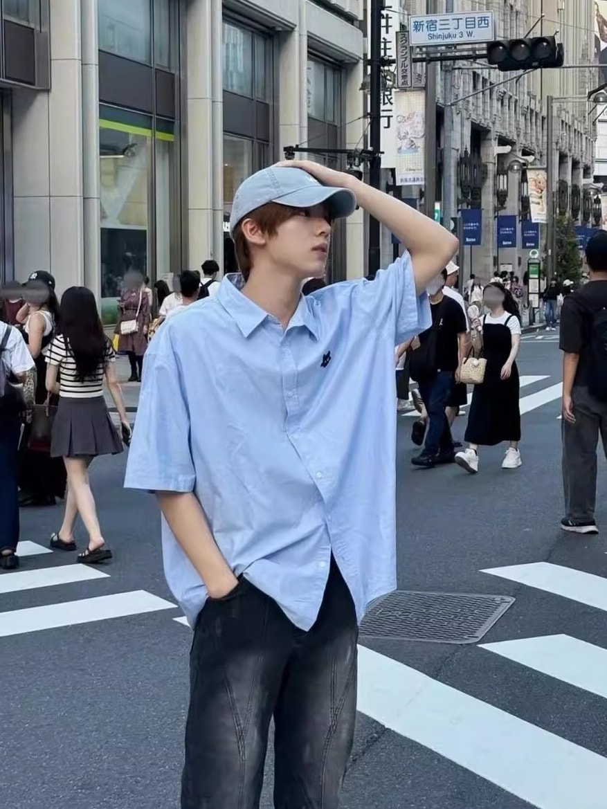 Zb1HanWichenBlueSummerCasuaryShartの女性と男性のための青青袖のシャツ