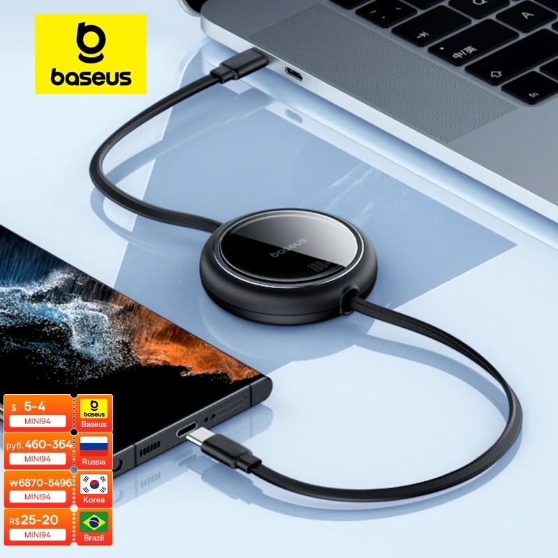 Baseus-格納式USBType-Cケーブル,100W,MacBook, iPad, iPhone 15, 16 Plus, Pro, Max, Xiaomi, Samsung用の急速充電器