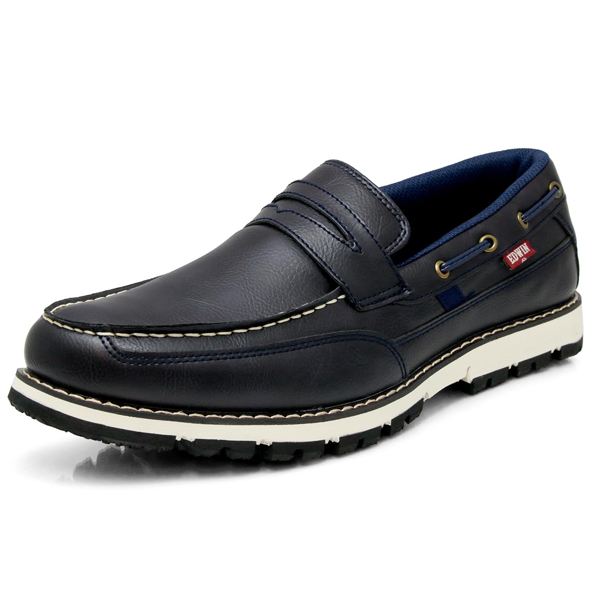 [エドウィン] ローファー メンズ 防水 スリッポン デッキシューズ PU革靴 レザースニーカー 耐滑グリップ底 おしゃれ 紐なし 靴 EDM4103 NAVY 27.0cm