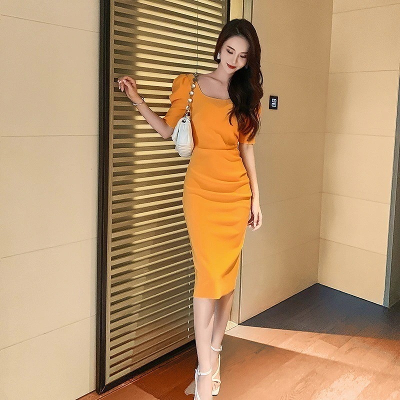 【JY.上品】 フレンチ レトロ スクエアネック ワンピース 女性 夏 スリム スカート 細い ヒップバッグ ロングスカート タイド フォーマル パーティードレス 結婚式 披露宴 卒業式