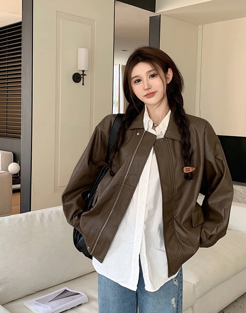 高級ブラウン レザージャケット レディース 2023年秋冬新作 アメカジ レトロ カジュアル ゆったり レザージャケット トップス 5,695円