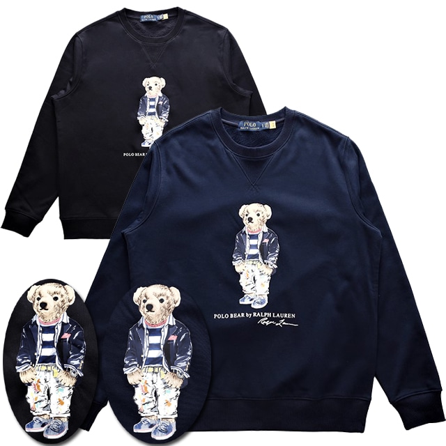 本物保証 ラルフ メンズ スウェット 裏起毛 (裏フリース地) プルオーバー クルーネック トレーナー ネイビージャケット ポロベアー プリント 2カラー展開 （ブラック / ネイビー）