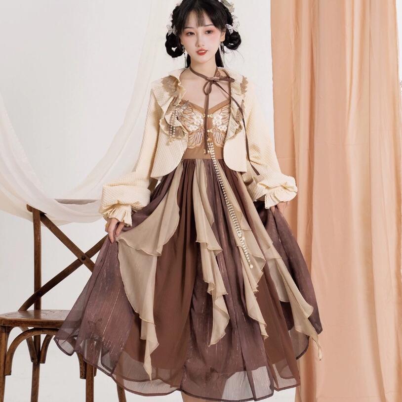 改良版漢服 華流 古風 ドレス レディース ハロウィン コスプレ衣装 蝶元素 ロング丈 キャミソール ドレス パーフ袖 ボレロ 羽織 パール付き ひらひら ドレス 女性 大人 コスチューム 文化祭 イ