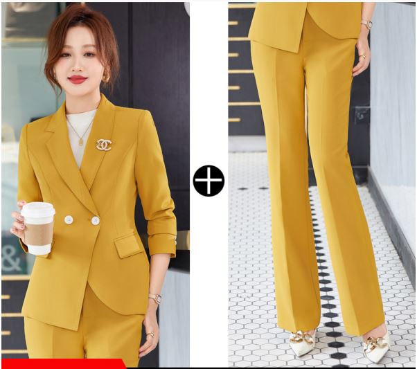 ハイエンド職業スーツジンジャーイエロースーツ新型ファッション韓国版デザインセンス気質女神範マイクロラッパパンツスーツ