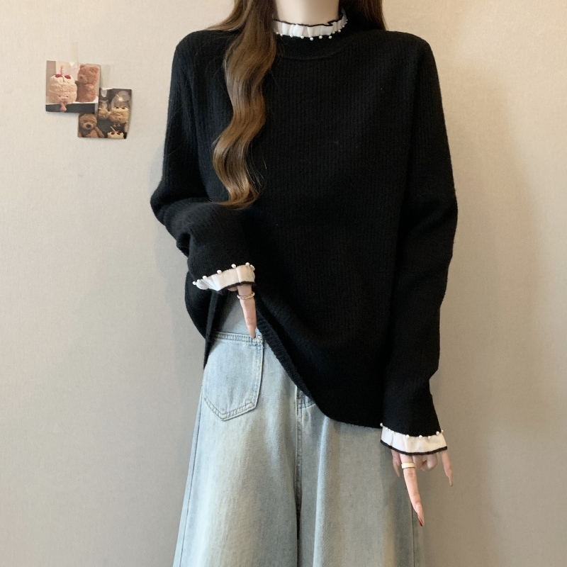 レディース ハーフハイネック 長袖 ベースニットトップス 2024年秋冬 プラスサイズ フリルトリム ビーズトップ Cセーター 4,198円