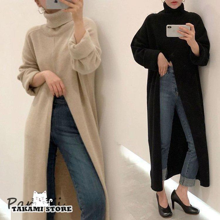 ニットセーター ニットトップス レディース 秋冬 セーター ハイネック スリット ロング丈 ニットワンピース ひざ下 プルオーバー 韓国風 オシャレ ニット