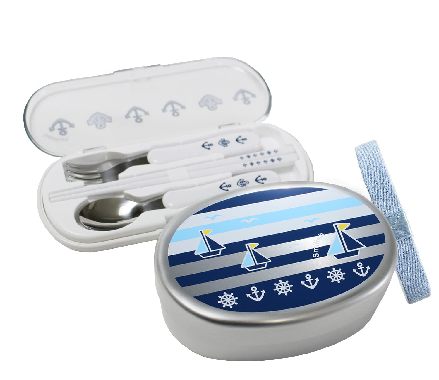 ランチ２点セット 幼稚園（内ブタ付アルミお弁当箱カトラリーセット)NEWマリン柄