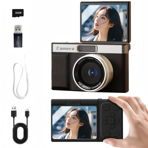 SRAR デジタルカメラ 1080p対応 動画撮影 6400万画素 8倍デジタルズーム AF自動フォーカス 180度回転液晶モニター オートフォーカス 接写モード 自撮り対応 2 インチ画面 32GB