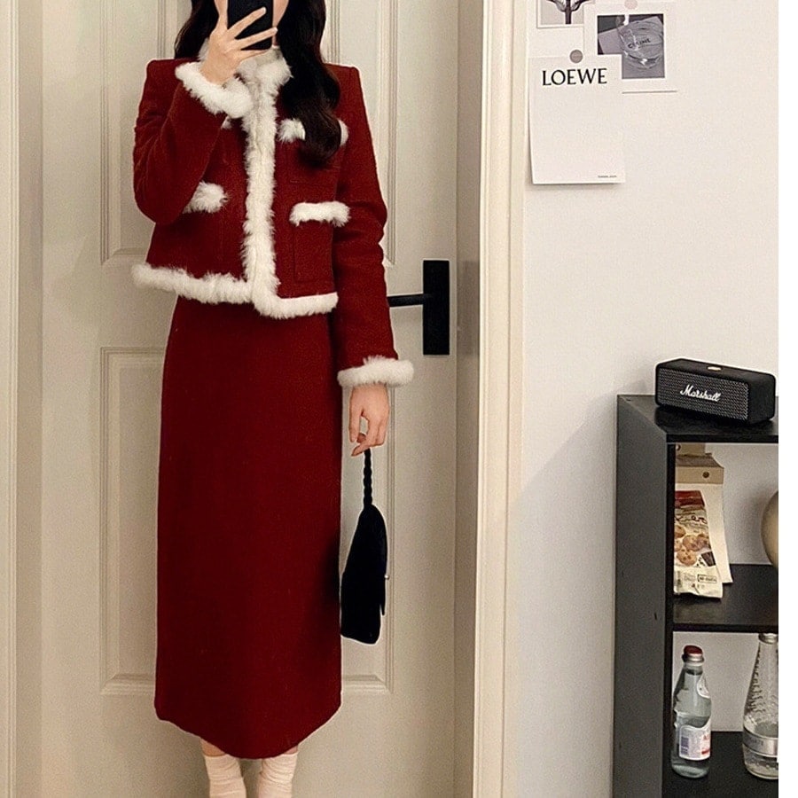 2024秋冬クリスマスセット レッド二点セット運動セットおしゃれ百掛け長袖無地デザイン感ニッチカジュアルスウェットズボン