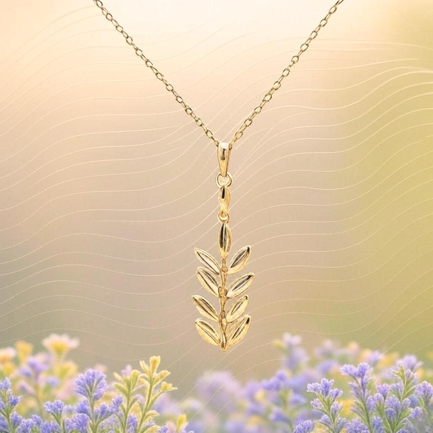 風水エネルギーペンダントネックレス - 栄光成長永遠の祝福 - エレガントなベイリーフゴールド風水エネルギーペンダントネックレス