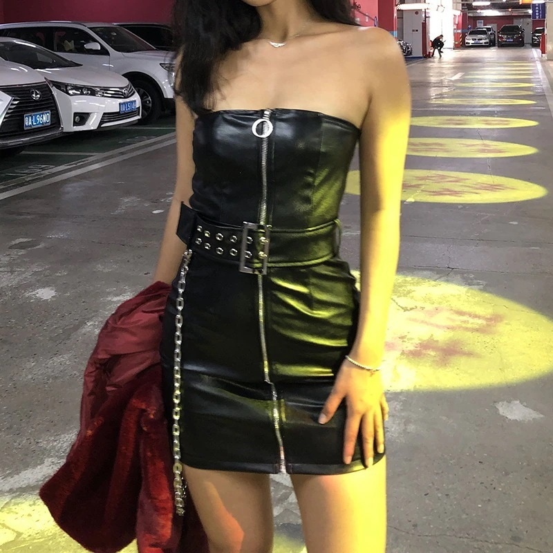 ファッション切り替えドレスセクシータイトスカート通勤Aラインスカートワンネックレザースカー