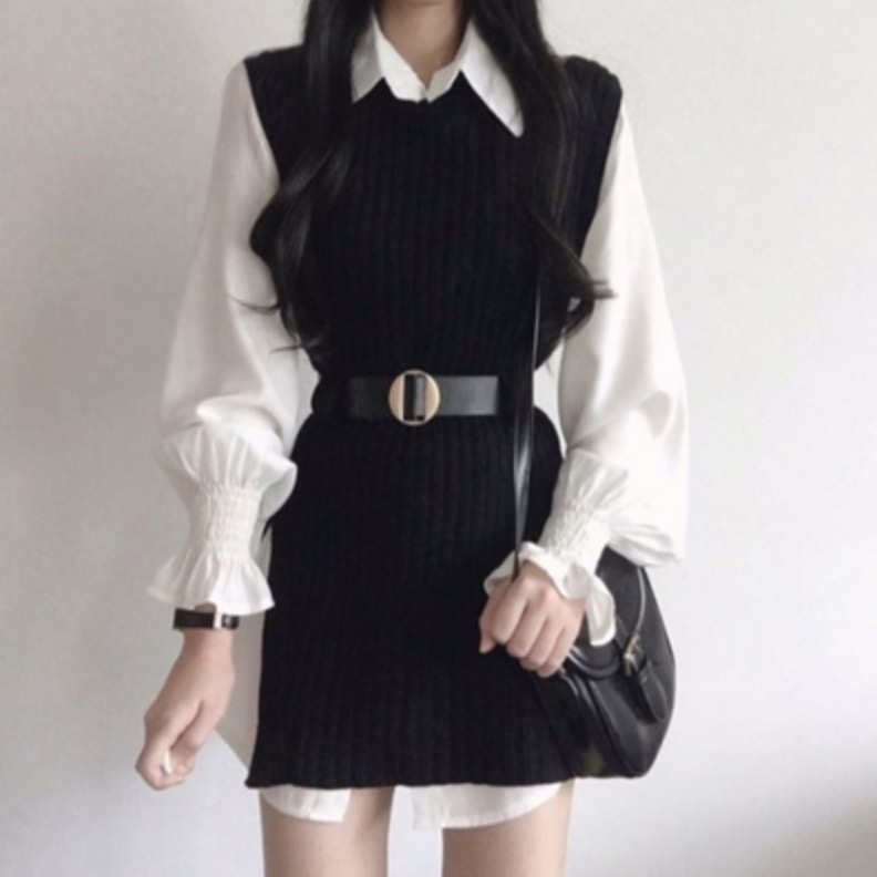 ワンピース レディース シャツ ニットソー ショート丈 袖あり 細見 フリーサイズ アプリコット グレー ブラック 主役級 存在感 無地 春 秋 セット 10代 20代 個性的 韓国 ウエストベルト