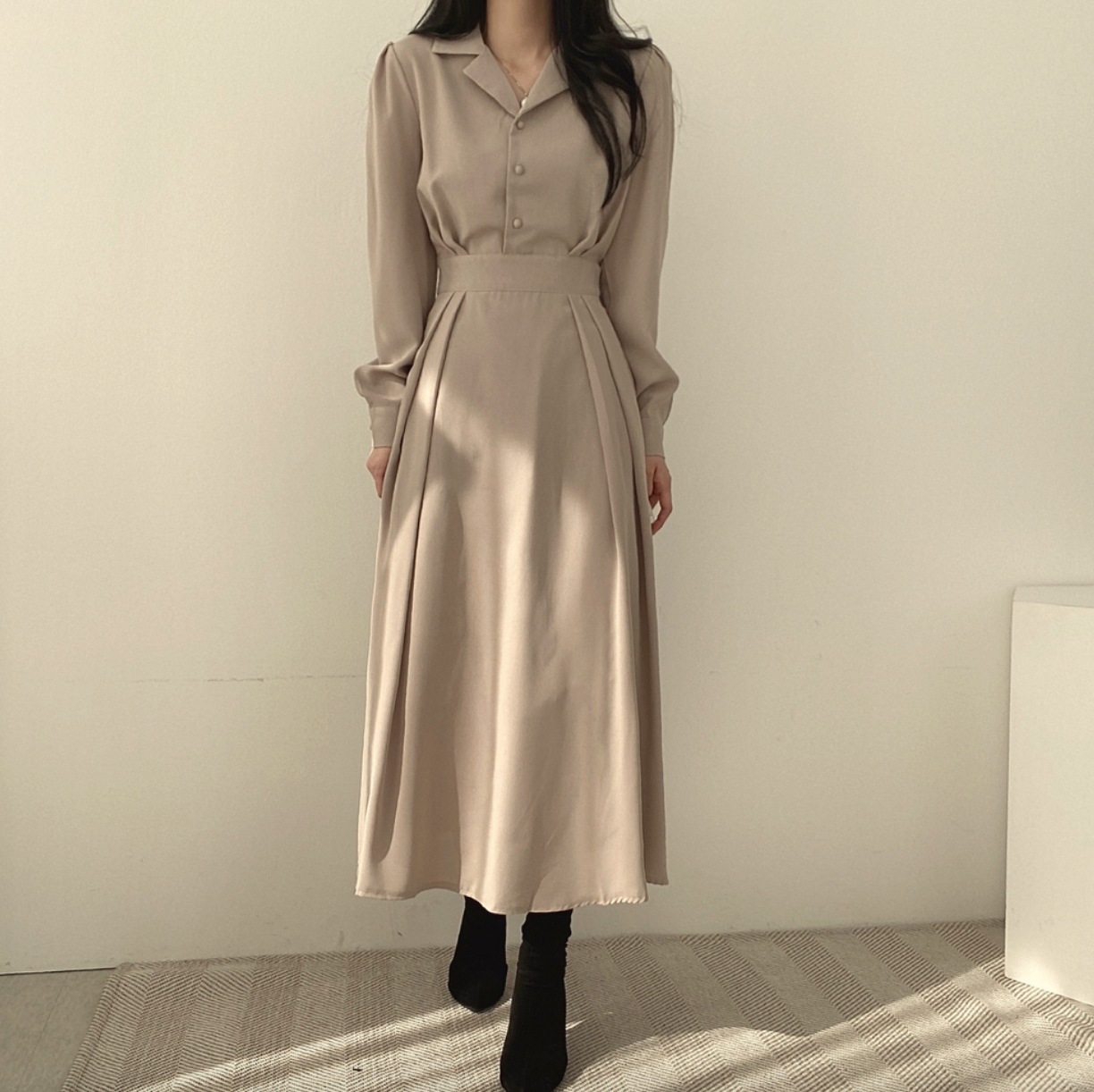 ワンピース デート ロング 袖あり 長袖 春 秋 10代 20代 30代 レディース 女性用 OL M L XL 2XL 3XL 4XL 個性的 アプリコット ブラウン ブラック ウエストマーク