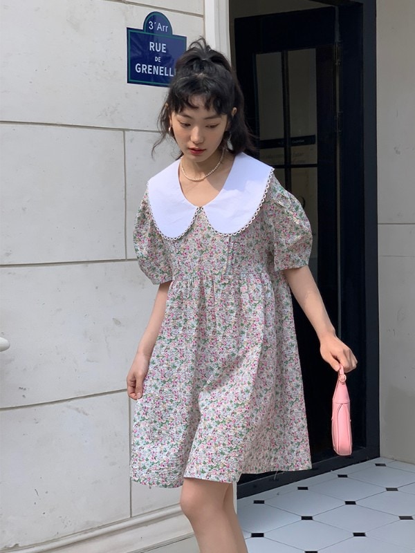 オモント エッグタルト ホーム ドールカラー ゆったり 半袖 プチワンピース 2022年夏新作 花柄 ロングワンピース