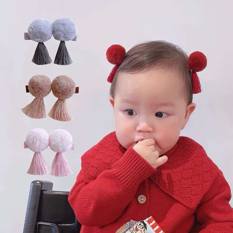 子供のアンティーク ヘア アクセサリー女の子かわいい毛皮ボール タッセル ヘア アクセサリー ベビー チャイナ ヘア クリップ少女漢服ヘッド アクセサリー r n1001-スカーレット