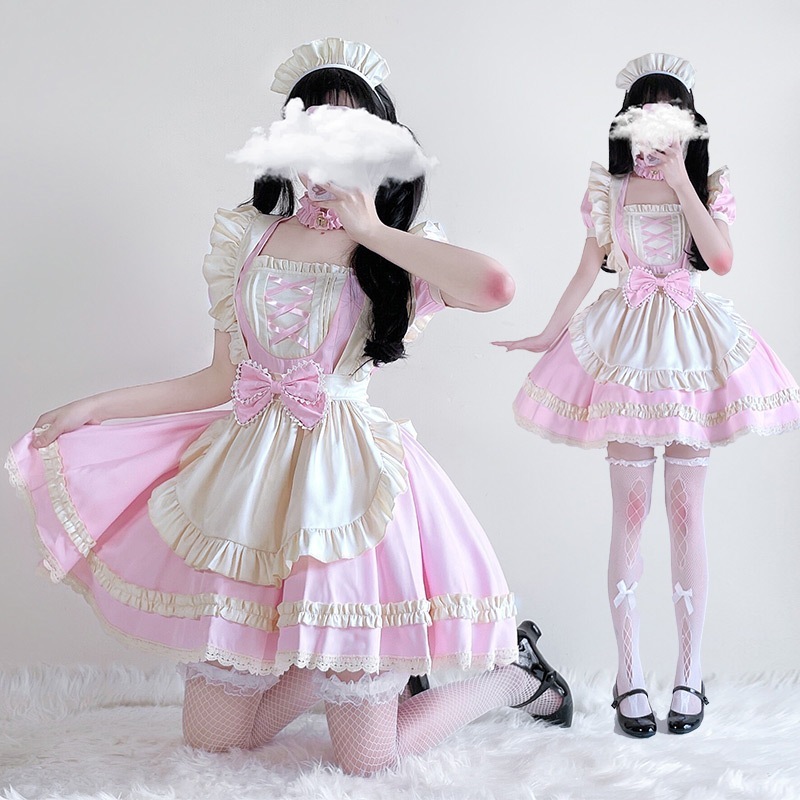 日本のソフトガールの甘いOPショートメイドドレス二次元かわいいロリータピンクのロリータふくらんだスカート