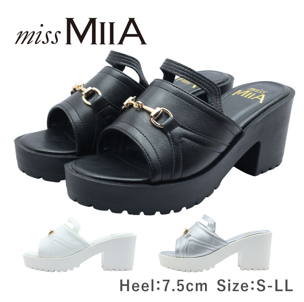 miss MIIA ミスミーア レディース ミュール 5514 サンダル タンクソール オープントゥ ビット 歩きやすい 靴 黒 白 ブラック ホワイト シルバー