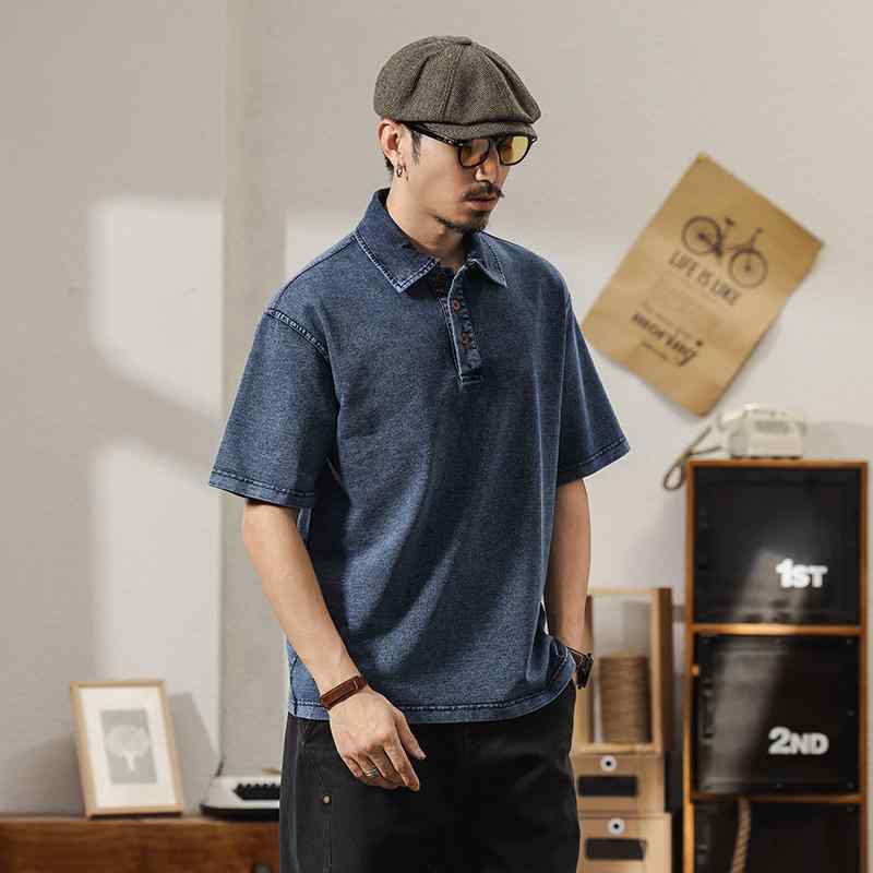 メンズ ファッション 厚手 おしゃれ シンプル 半袖 ポロシャツ おでかけ ラフ 高級感 アメリカン ワークウェア レトロ シャツ デニム素材 お父さん ウォッシュ加工 7,144円