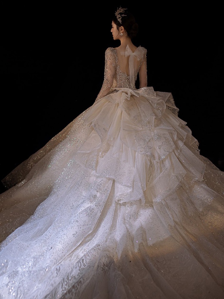 長袖ウェディングドレス2025新作ブライダル主糸質感超重工業大尾小