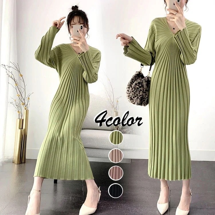 ニットワンピースレディース40マキシ丈ワンピースvネック長袖秋冬ニットセーター4色無地プリーツスカートロング丈上品通勤結婚式ドレス着痩せ 5,035円