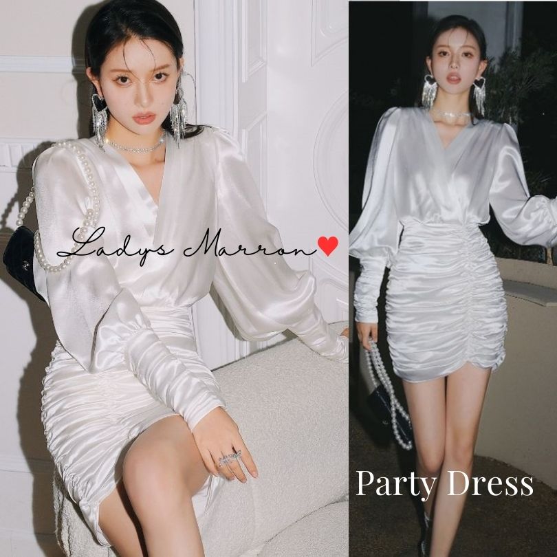 【即納】サテンドレス 白いドレス お呼ばれドレス ミニドレス 結婚式タイトドレス 結婚式 ワンピース プチプラ パーティードレス 韓国 結婚式お呼ばれドレス キャバドレス 春 夏 秋 冬 長袖 ミニ丈