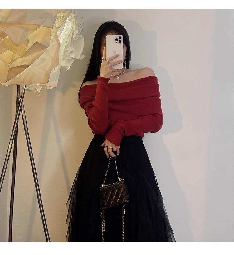 リトル ロック モンスター 秋 冬 レトロ ワンショルダー ワインレッド セーターセクシーなトップ スリム フィット ニット セーター 個性的 トップス ニットソー セーター 袖あり 長袖