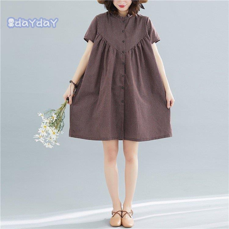 ワンピース レディース 膝上丈 シャツワンピース 半袖 リネン生地 体型カバー ハイウェスト 着痩せ ロング丈 チェック 50代 40代 30代 春 夏 4,972円