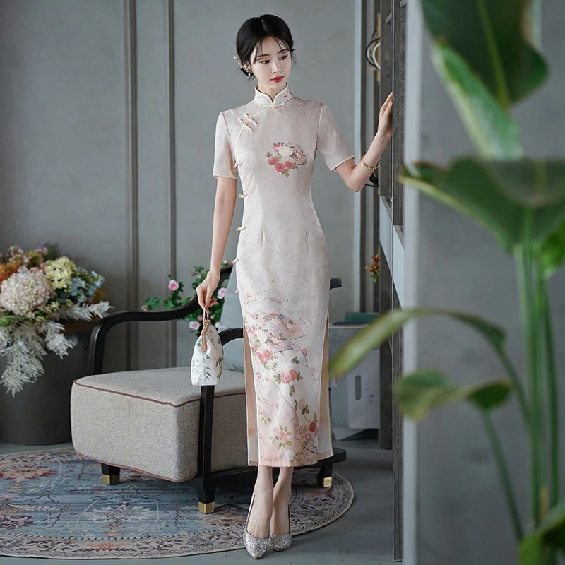 ロングチャイナドレス 2024 若いレトロな共和党スタイルのエレガントな改良されたドレスシルク春夏チャイナドレス