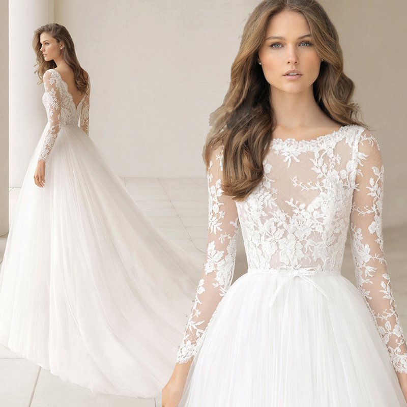 ウェディングドレス 白　袖あり 長袖 レース 結婚式 花嫁 ロングドレス ブライダル 二次会 パーティードレス 披露宴 プリンセスドレス 大きいサイズ 挙式