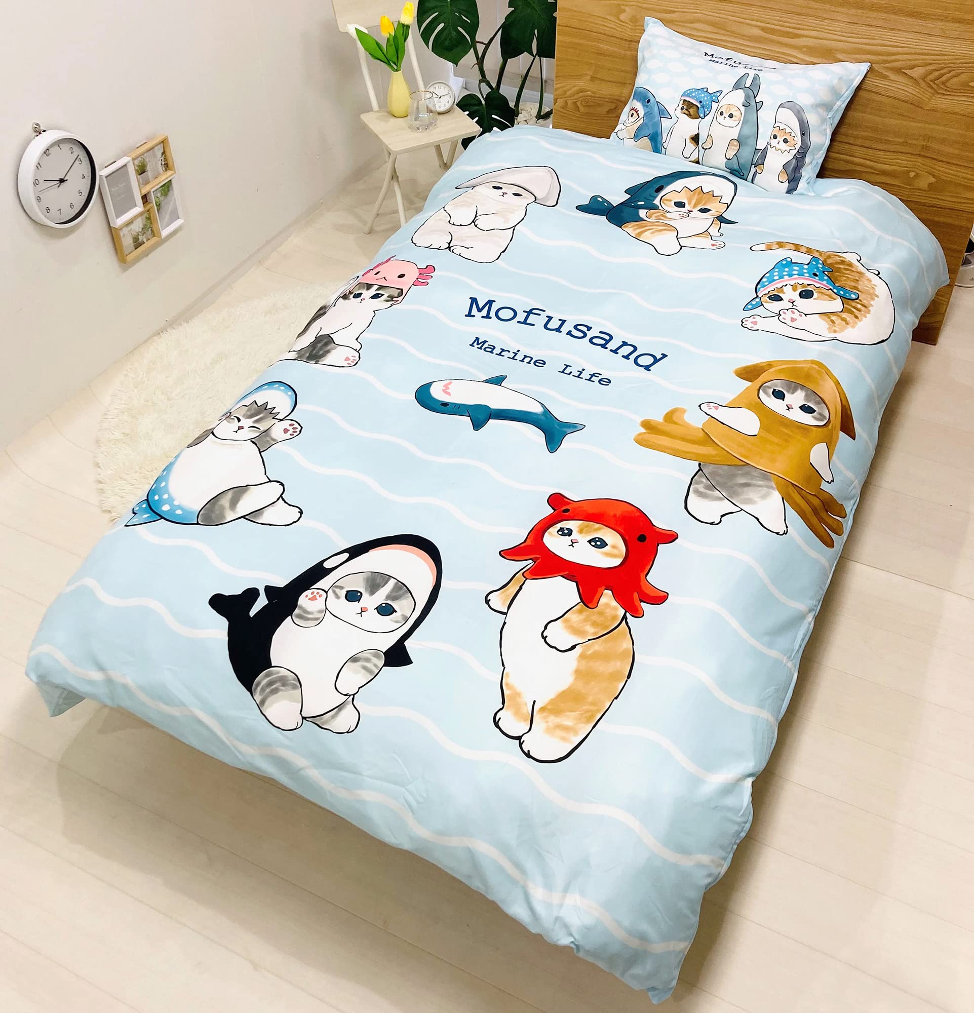 MORIPiLO モリシタ 布団カバーセット モフサンド 150x210cm シングル mofusand サメにゃん キャラクター グッズ (掛け布団カバー・枕カバー) ブルー 4621069