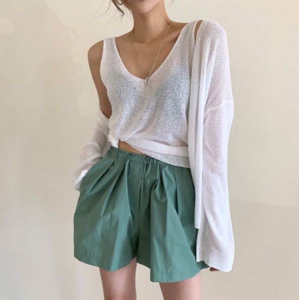 セットアップ カットソー カーディガン ノースリーブ 長袖 Vネック リネン 薄手 2点セット