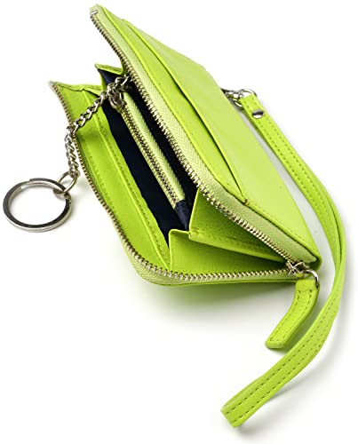 [] ミニ財布 レディース L字ファスナー 本革 小さい財布 小銭入れ キーリング ストラップ付 (ライムグリーン)