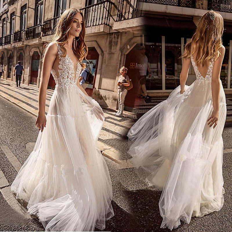 ウェディングドレス Ａライン チュールスカート 花嫁 ロングドレス 簡約 結婚式 露背 二次会 エレ