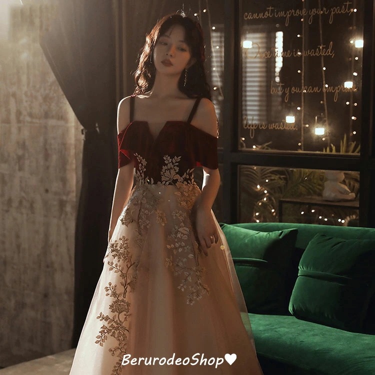 イブニングドレス ワイン赤 キャミドレス オフショルダー ベロア ベルベット オーガンジー ドッキング オシャレ 結婚式ドレス 二次会ドレス ワインレッド ベージュ 発表会ドレス 演奏会ドレス ロング