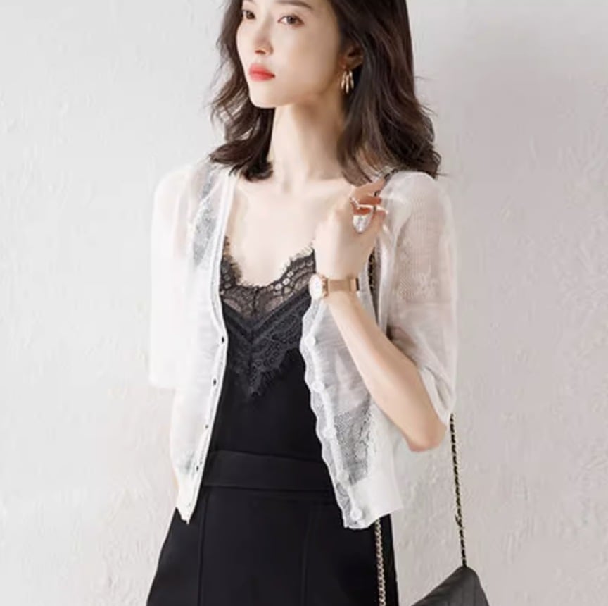 レディース トップス カーディガン ショート 薄手 透け感 半袖 かわいい 大人可愛い きれいめ シンプル カジュアル 上品 おしゃれ かっこいい レトロ こなれ感 ラフ ガーリー ルーズ 個性的