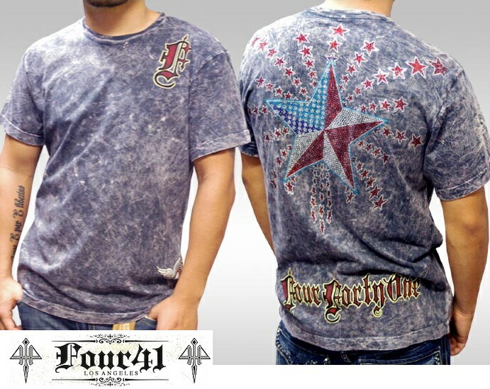 Four41 Los Angeles フォーフォーティーワン メンズ ラインストーン Tシャツ フラッグスター グレー k-125 スワロフスキー インポート セレブ ブランド ストリート LAセレブ