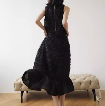 レディース スカート ワンピース ドレス ロング ノースリーブ セミフレア マーメイド フォーマル フェミニン レース シフォン フリル もこもこ ふわふわ 透け感 シースルー ボア ファー かわいい