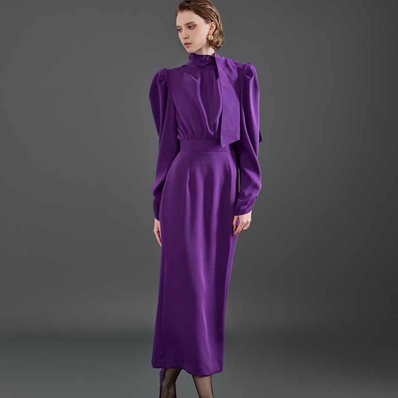 ワンピース ミモレ丈ワンピース 長袖 パフスリーブ 襟付き ウエストベルト 前開き ダブルボタン ポケット かわいい 大人可愛い きれいめ シンプル 上品 おしゃれ 大人女子 こなれ感 きちんと