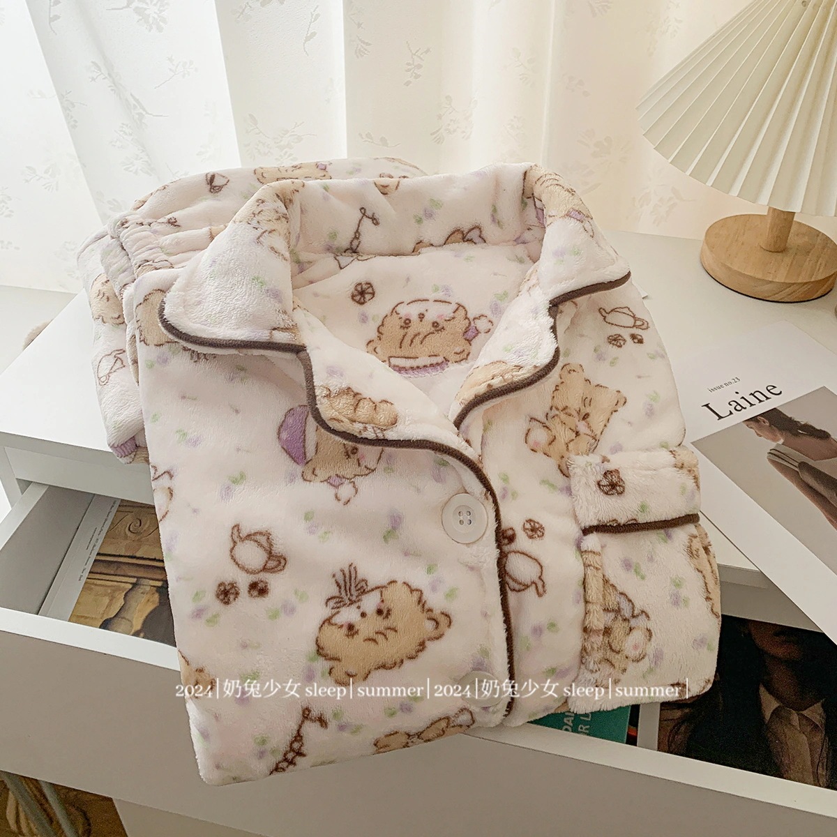 日本製ミッコフランネルパジャマ女性用2024年秋冬コーラルベルベット暖かい漫画ホーム服